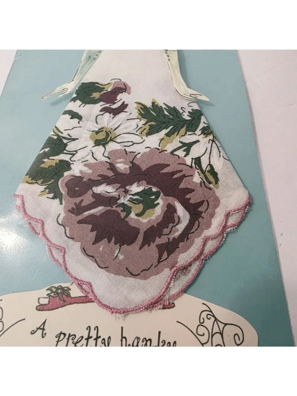 Vtg Flapper Style Lady Handkerchief Paper Doll Art Floral Hanky Dress Holder